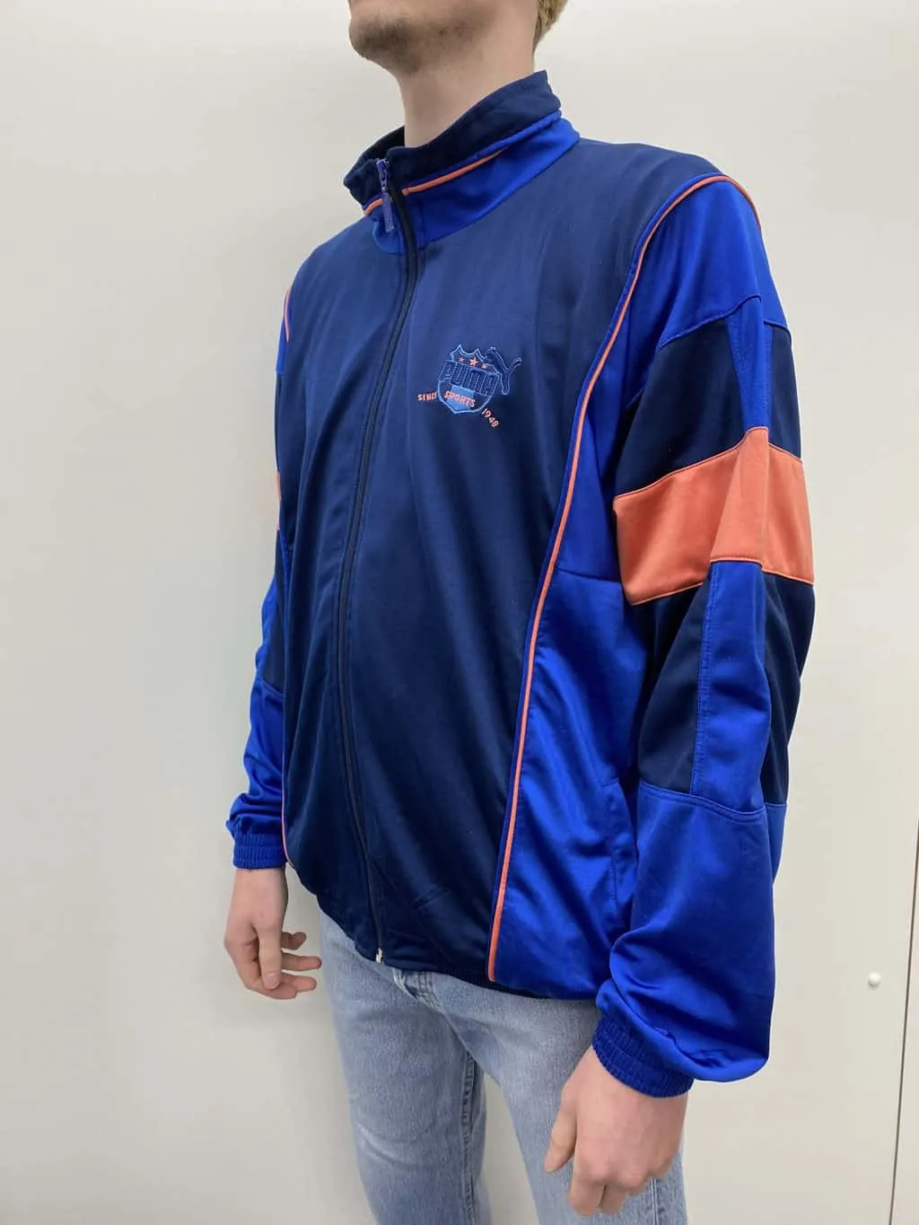 90s vintage mens puma sports jacket in navy, blue & orange – Large