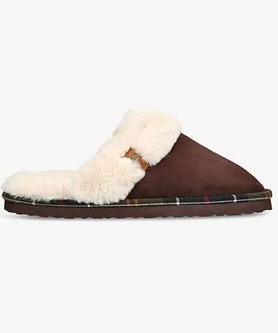 Barbour Womens Dark Brown Claudia checked-trim faux-suede slippers