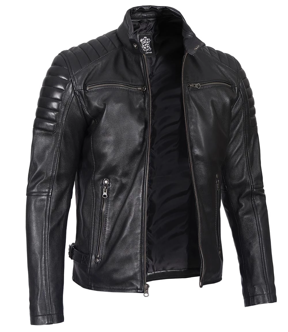 Black Cafe Racer Leather Jacket for Men