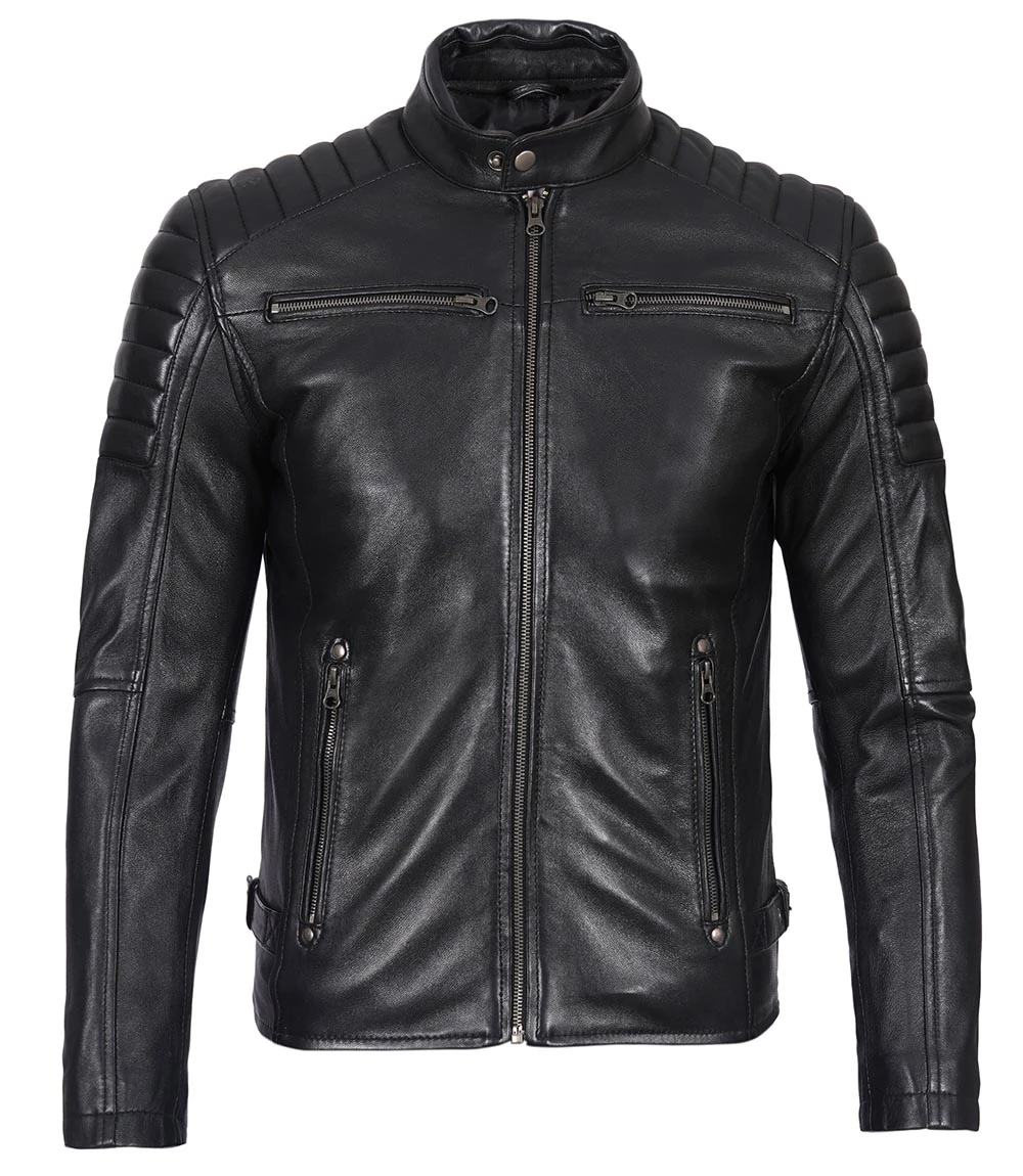 Black Cafe Racer Leather Jacket for Men