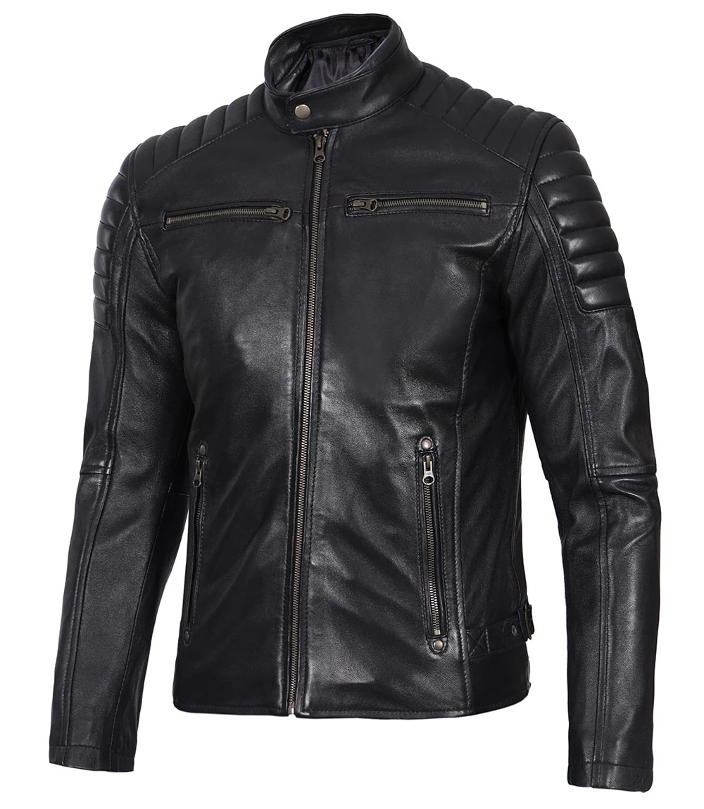 Black Cafe Racer Leather Jacket for Men