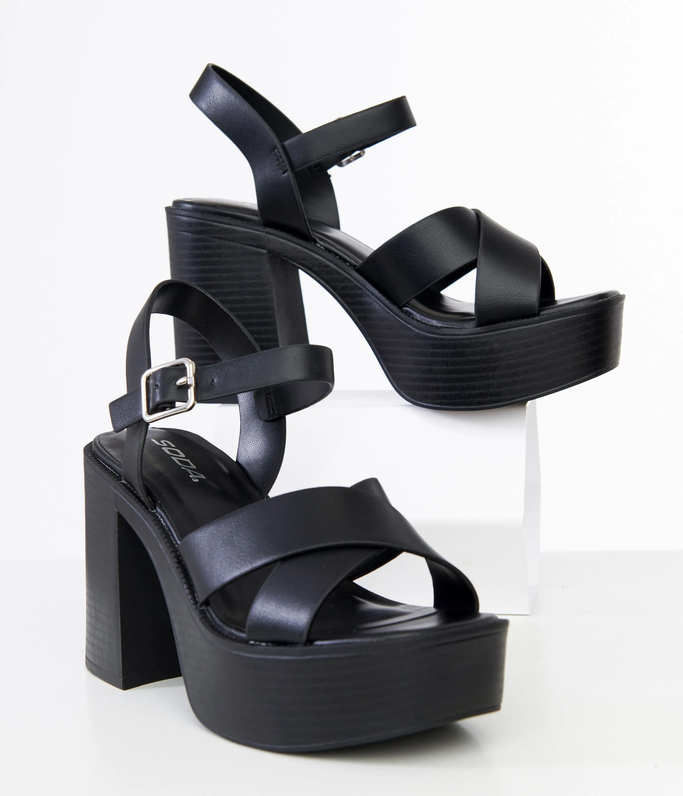 Black Leatherette Cross Strap Chunky Platform Sandals