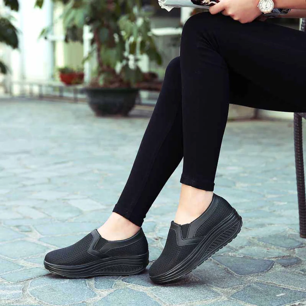 Black plain slip on rocker bottom shoe sneaker