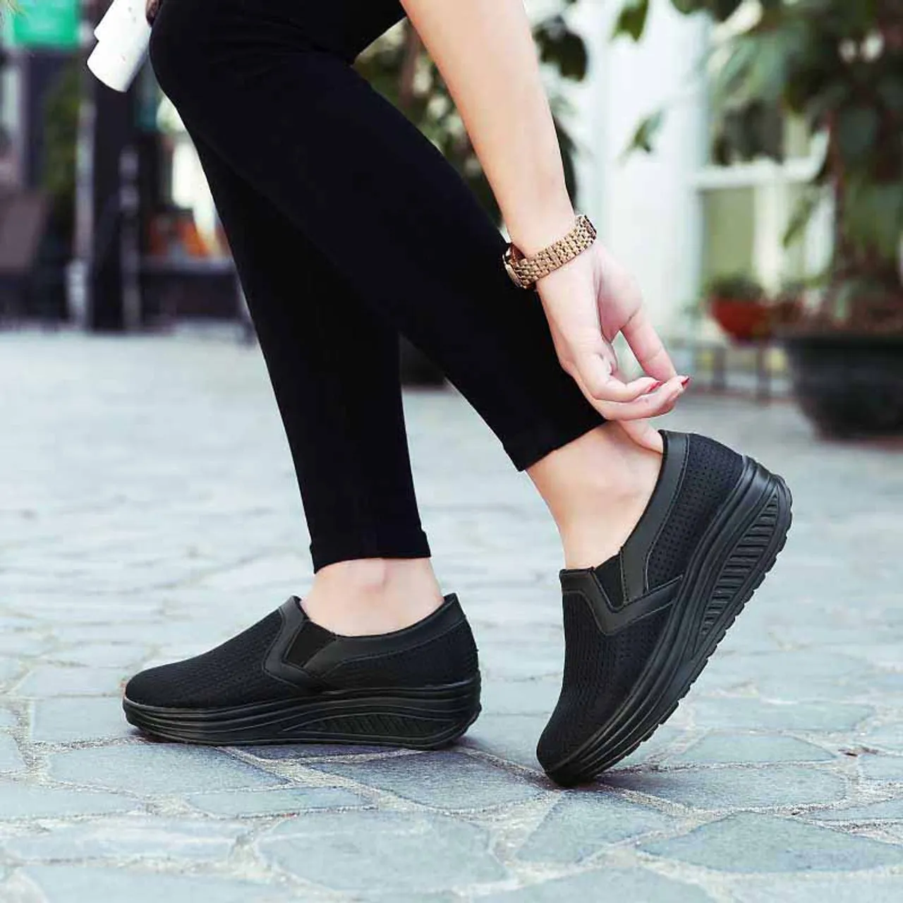 Black plain slip on rocker bottom shoe sneaker