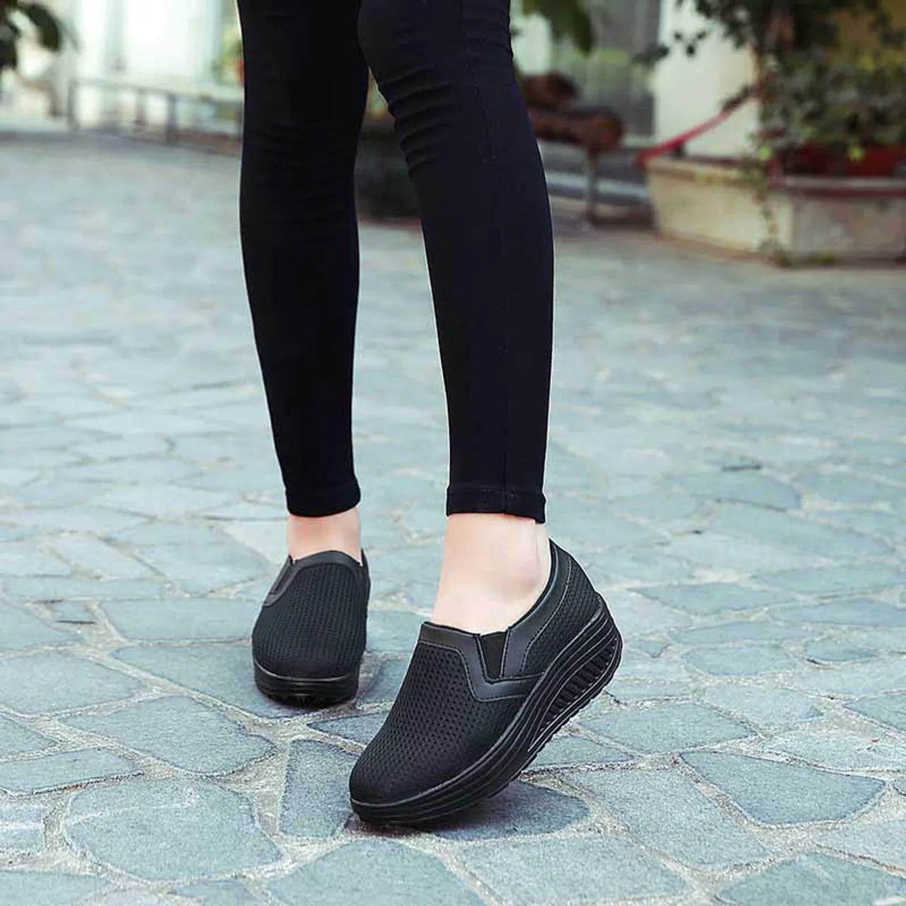 Black plain slip on rocker bottom shoe sneaker