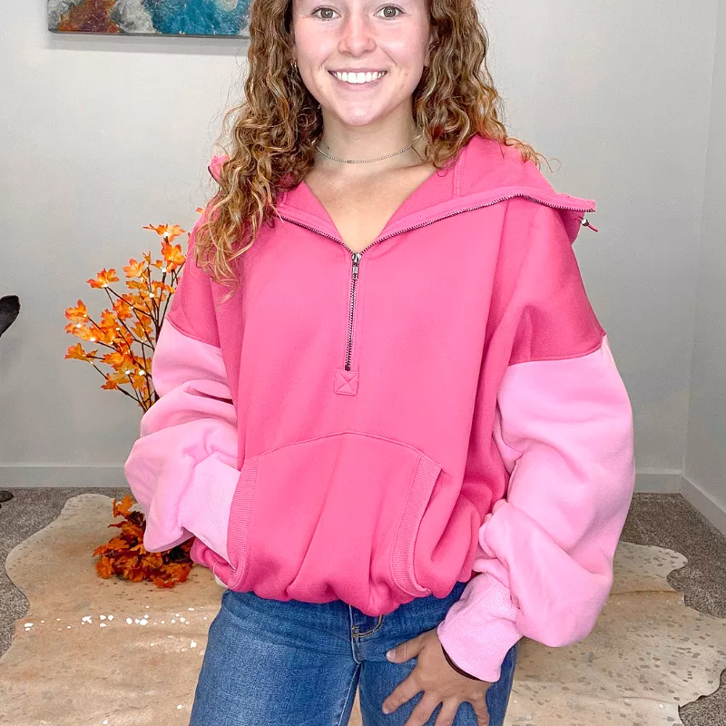 Block Pink Elastic Hem Half Zip Fleece Hoodie