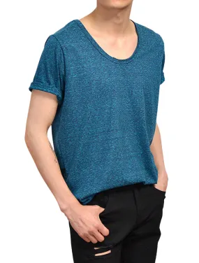 Blue Casual Short Sleeve Tshirts Mens Tees Slub Fabric Scoop Neck Tops