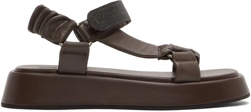 Brunello Cucinelli Brown Leather Crystal Velcro Sandals