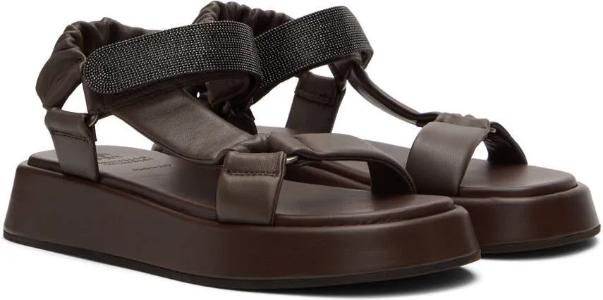 Brunello Cucinelli Brown Leather Crystal Velcro Sandals