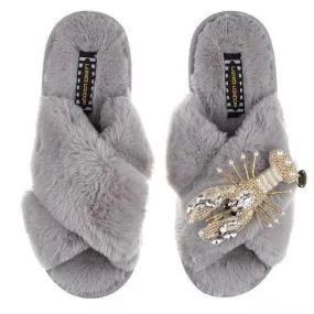 Classic Laines Slippers Pearl & Gold Lobster Brooch in Grey