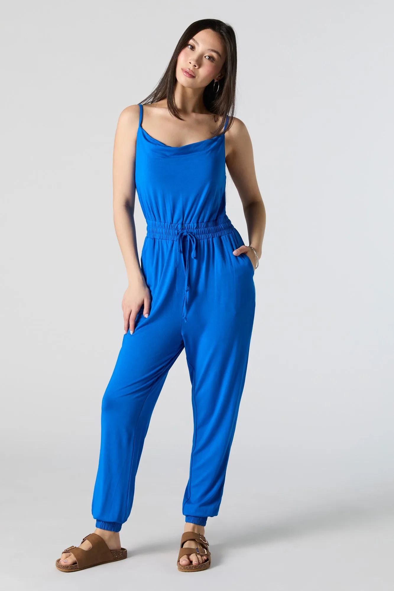 Cowl Neck Drawstring Waist Jumpsuit