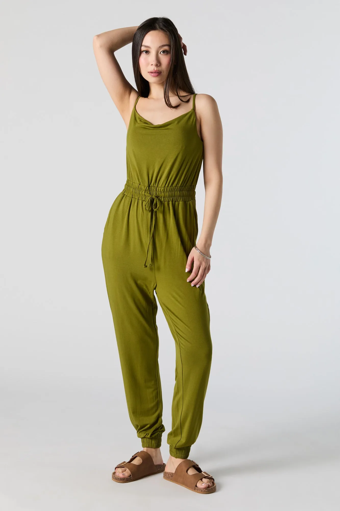 Cowl Neck Drawstring Waist Jumpsuit