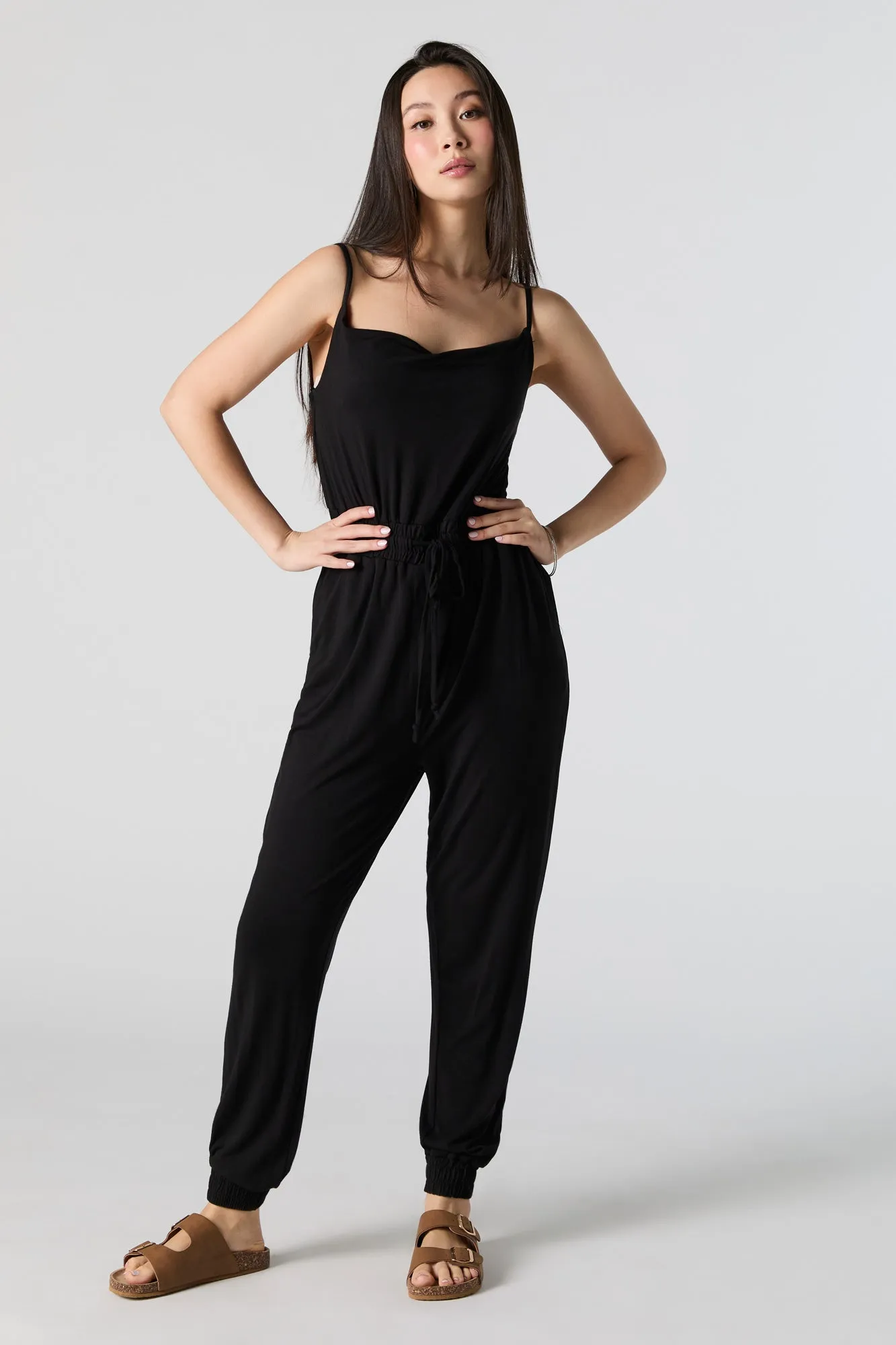 Cowl Neck Drawstring Waist Jumpsuit