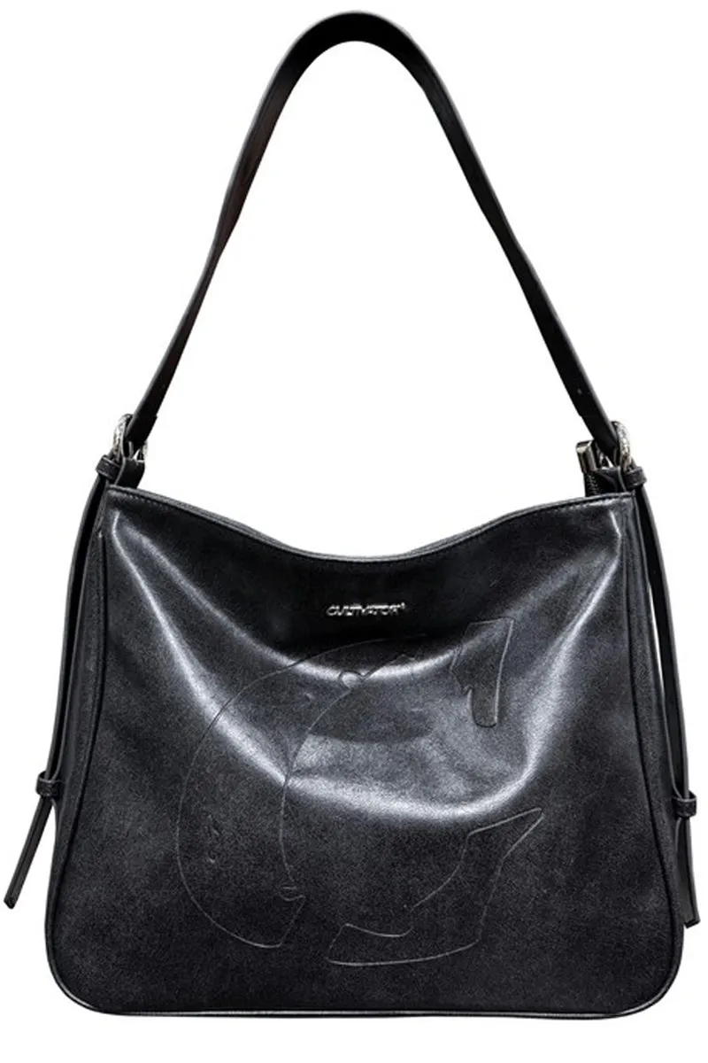 Cracked Leather C-Shaped Tote Bag