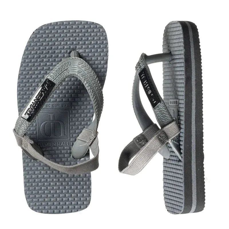 Damien Hall Flip Flops Boutique Charcoal Grey Gun Metal Black Badge w Straps