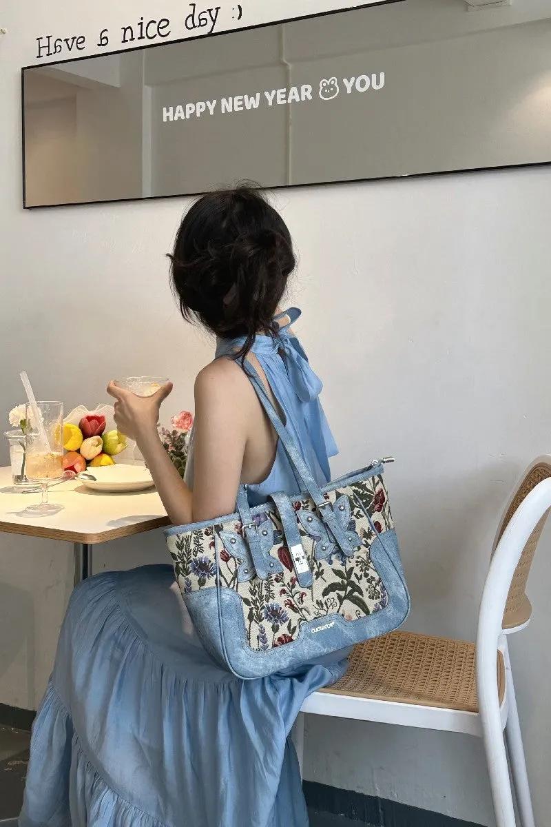 Denim Floral Commuter Tote Bag