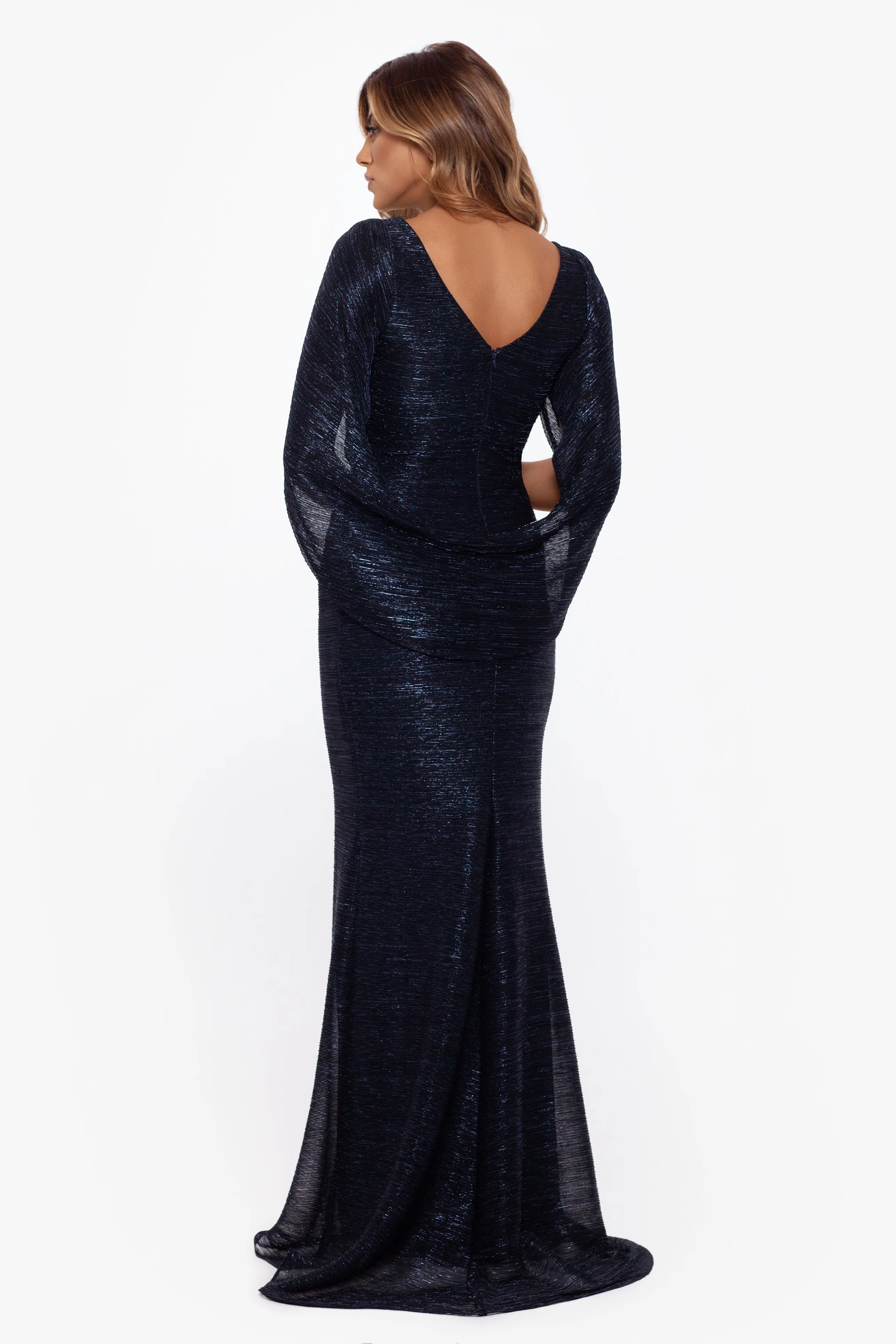 Elaine Long Metallic Crinkle Cowl Neck Back Dress