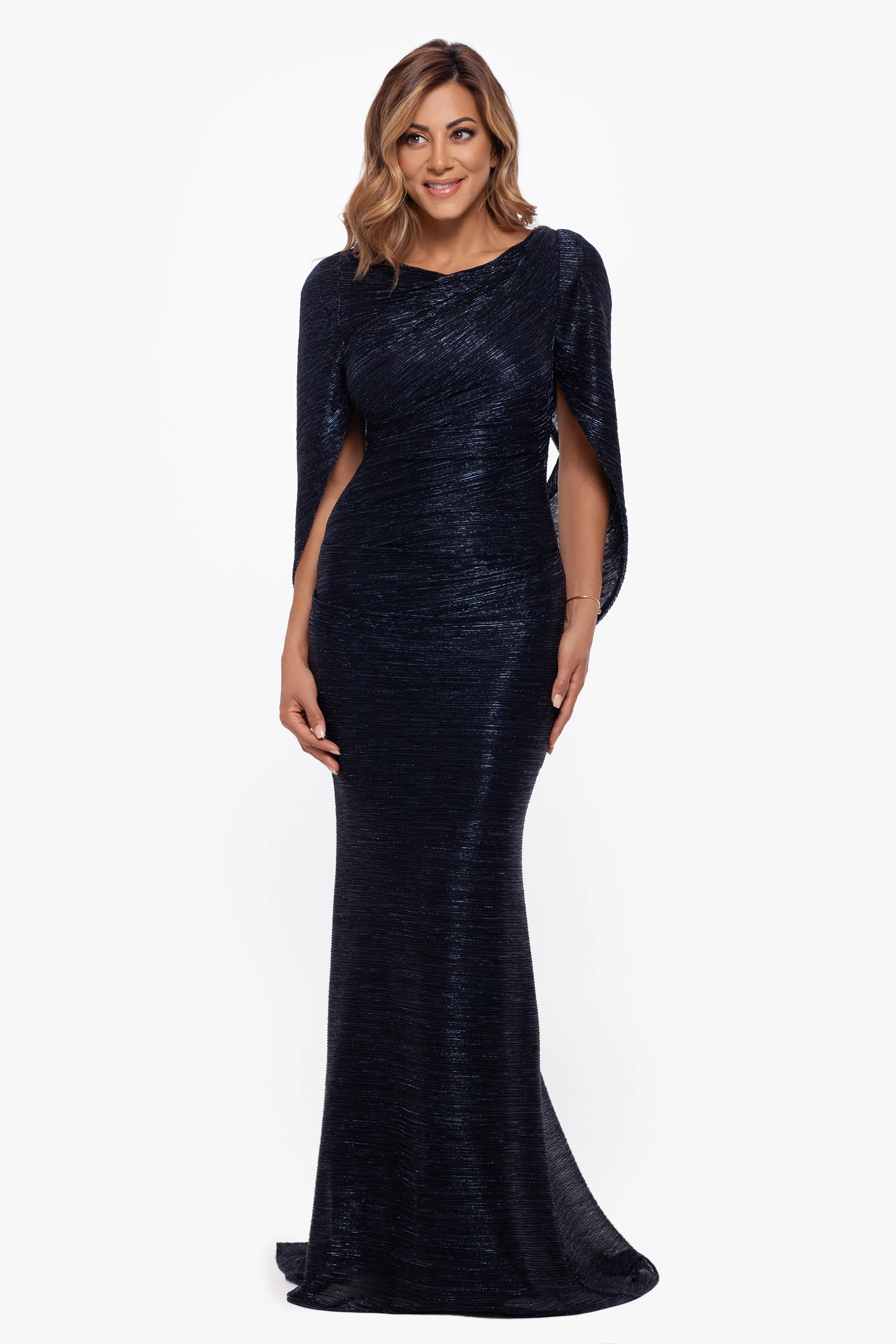 Elaine Long Metallic Crinkle Cowl Neck Back Dress