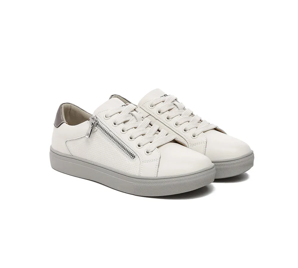 EVERAU Women Leather Zip Decor Low-top White Sneakers Chloe