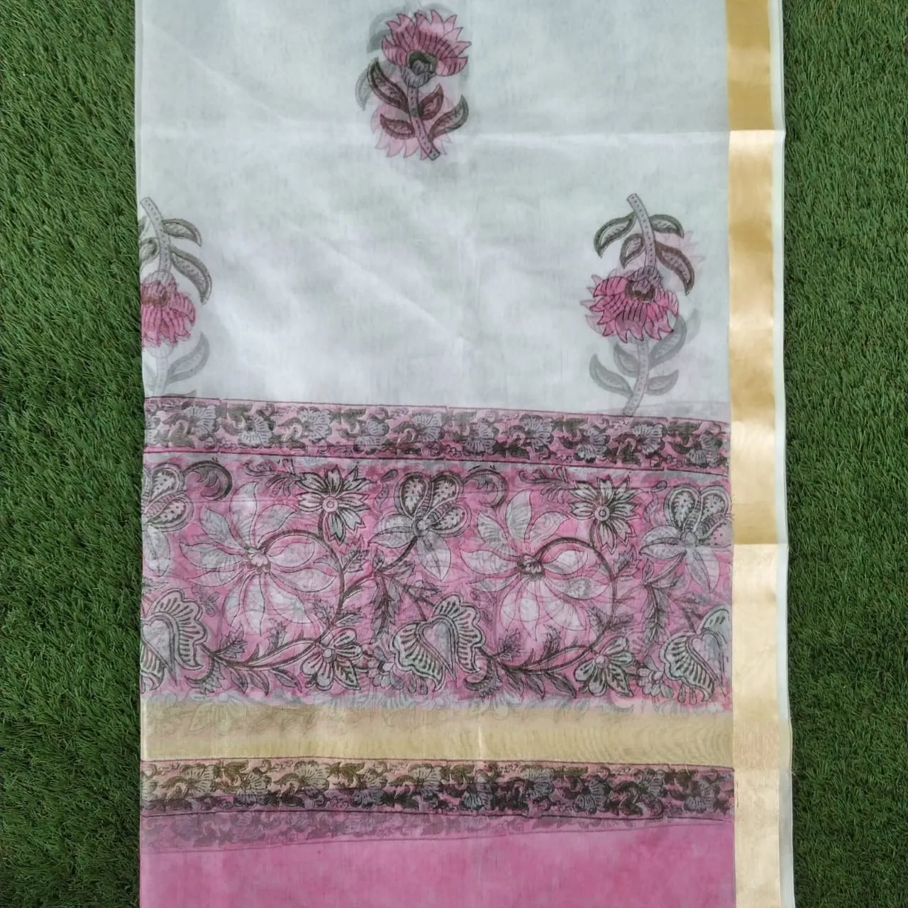 Exclusive Floral Hand Block Print Pure Cotton Suit with Organza Dupatta (ORG85)