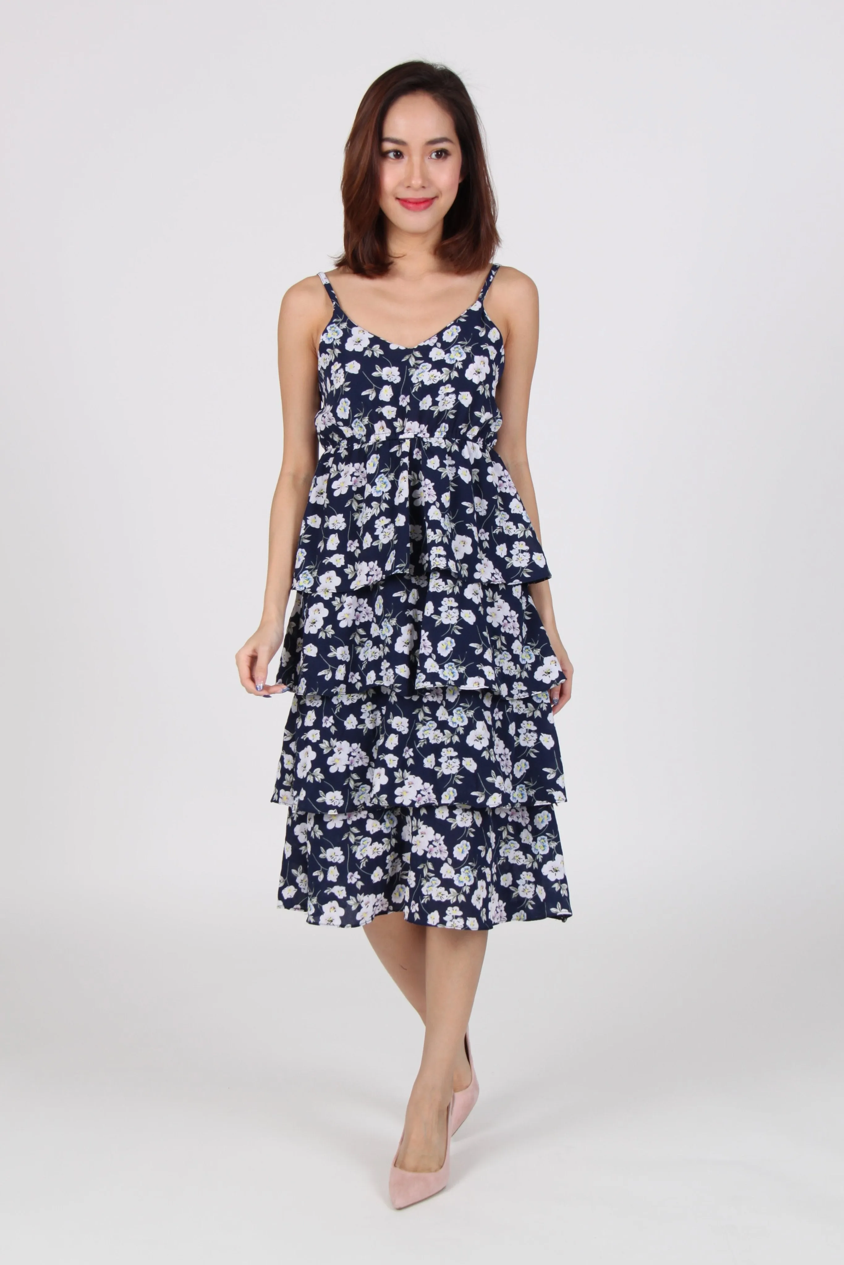 Floral Spag Layered Midi Dress in Navy Blue