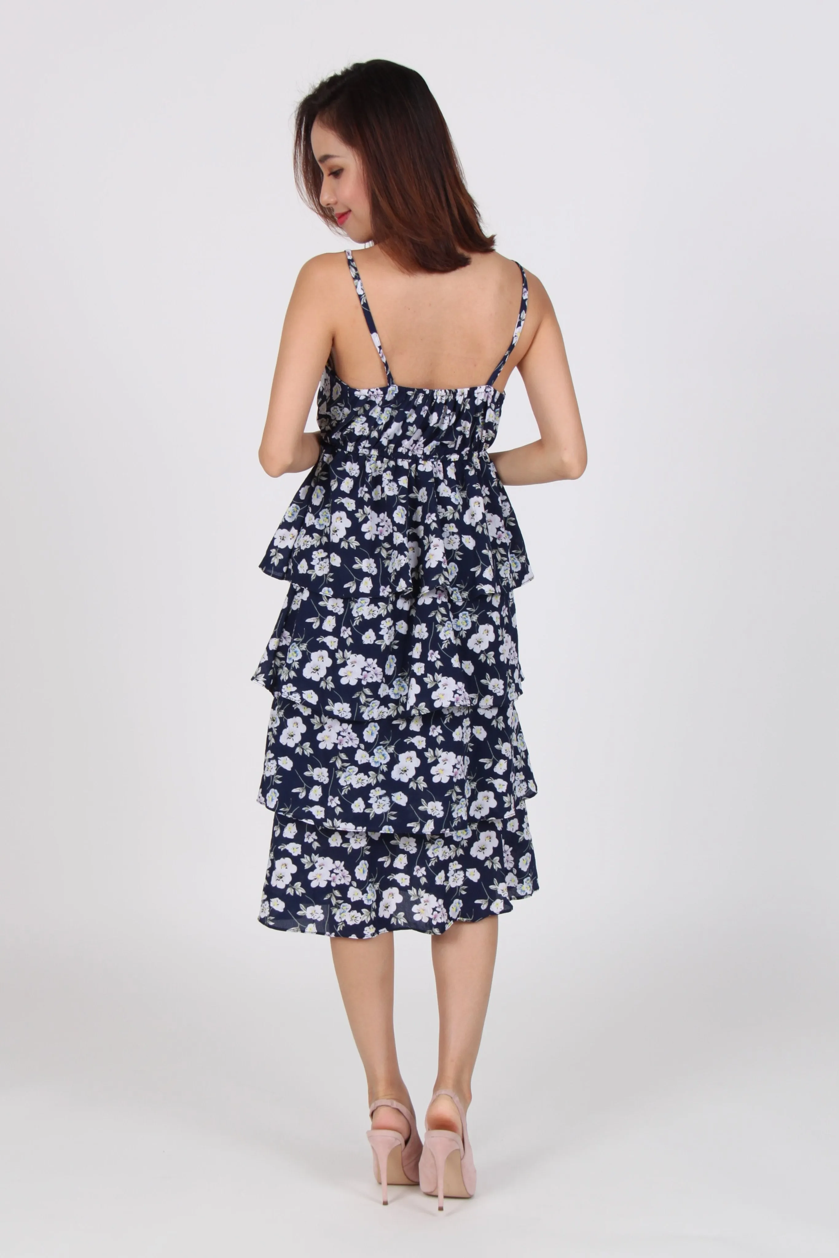 Floral Spag Layered Midi Dress in Navy Blue