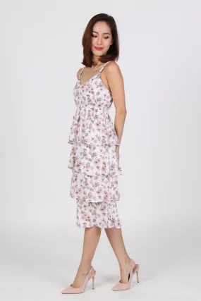 Floral Spag Layered Midi Dress in Pink