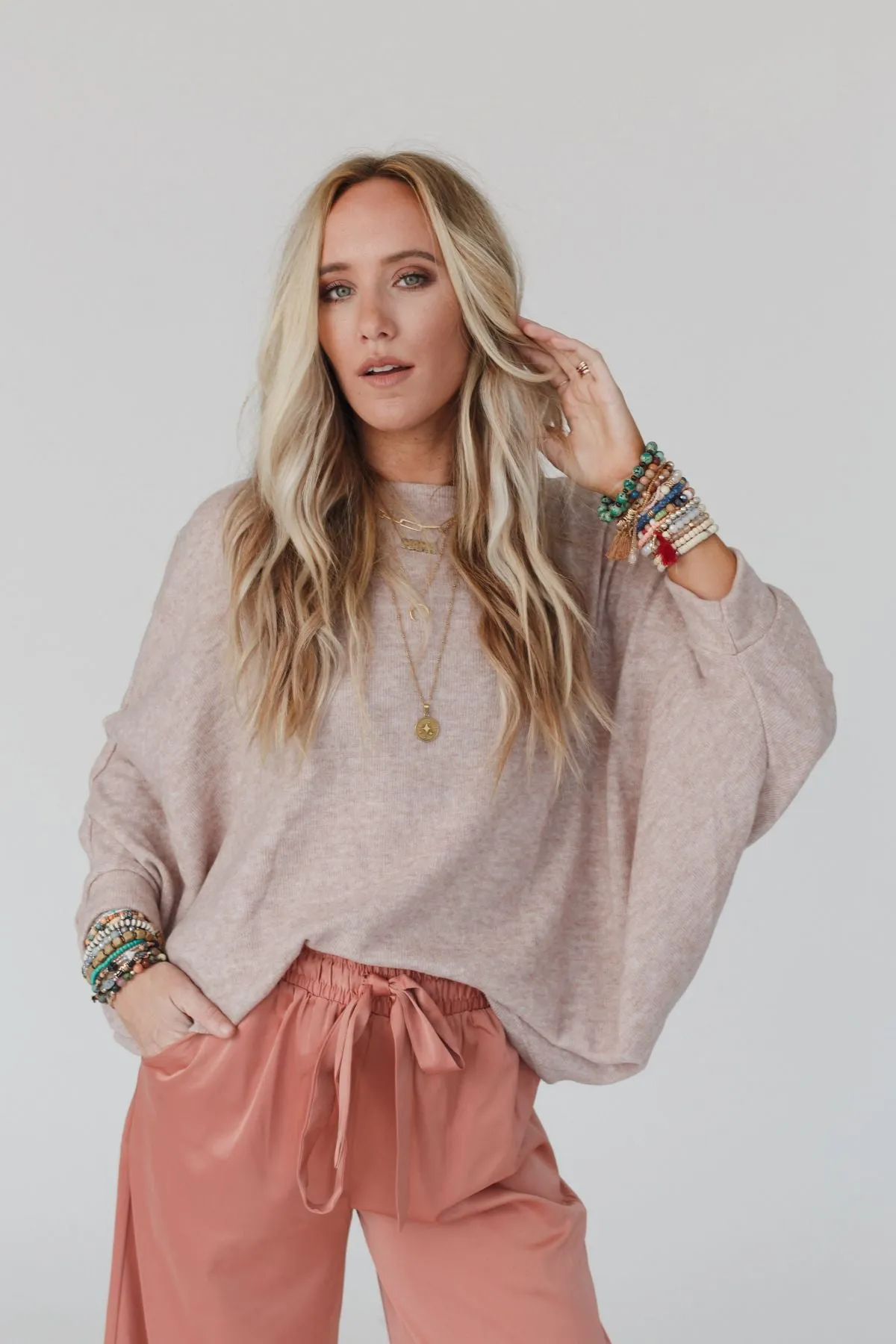 Fly With Me Batwing Sleeve Knit Sweater - Sand