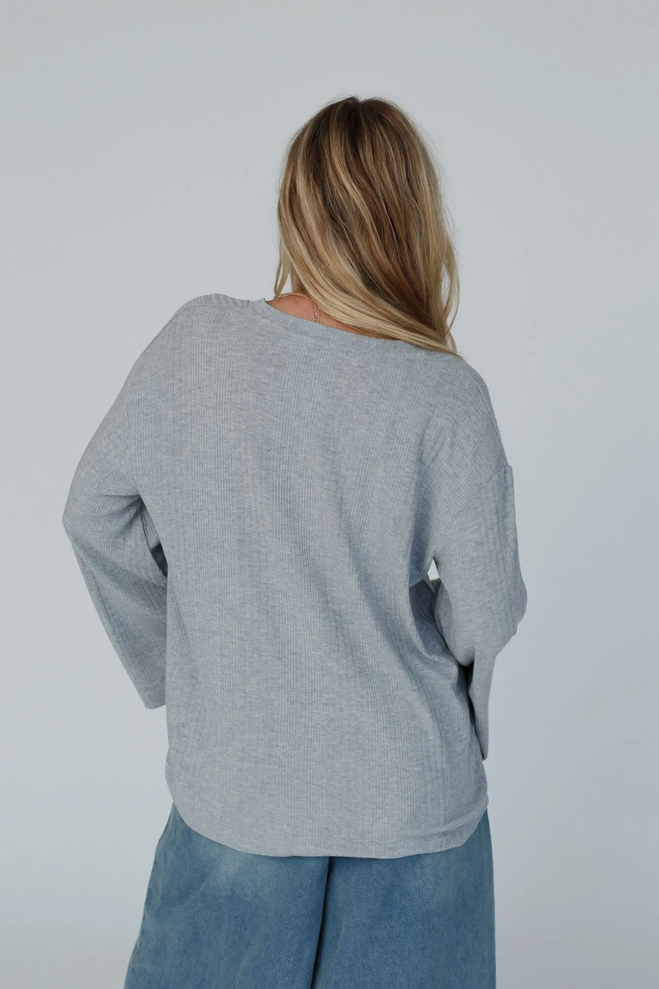 French Cafe Ribbed Knit Sweater Top - Heather Gray