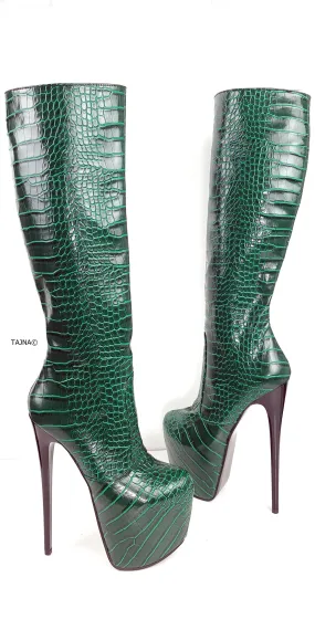 Green Croco Mid Calf High Heel Boots