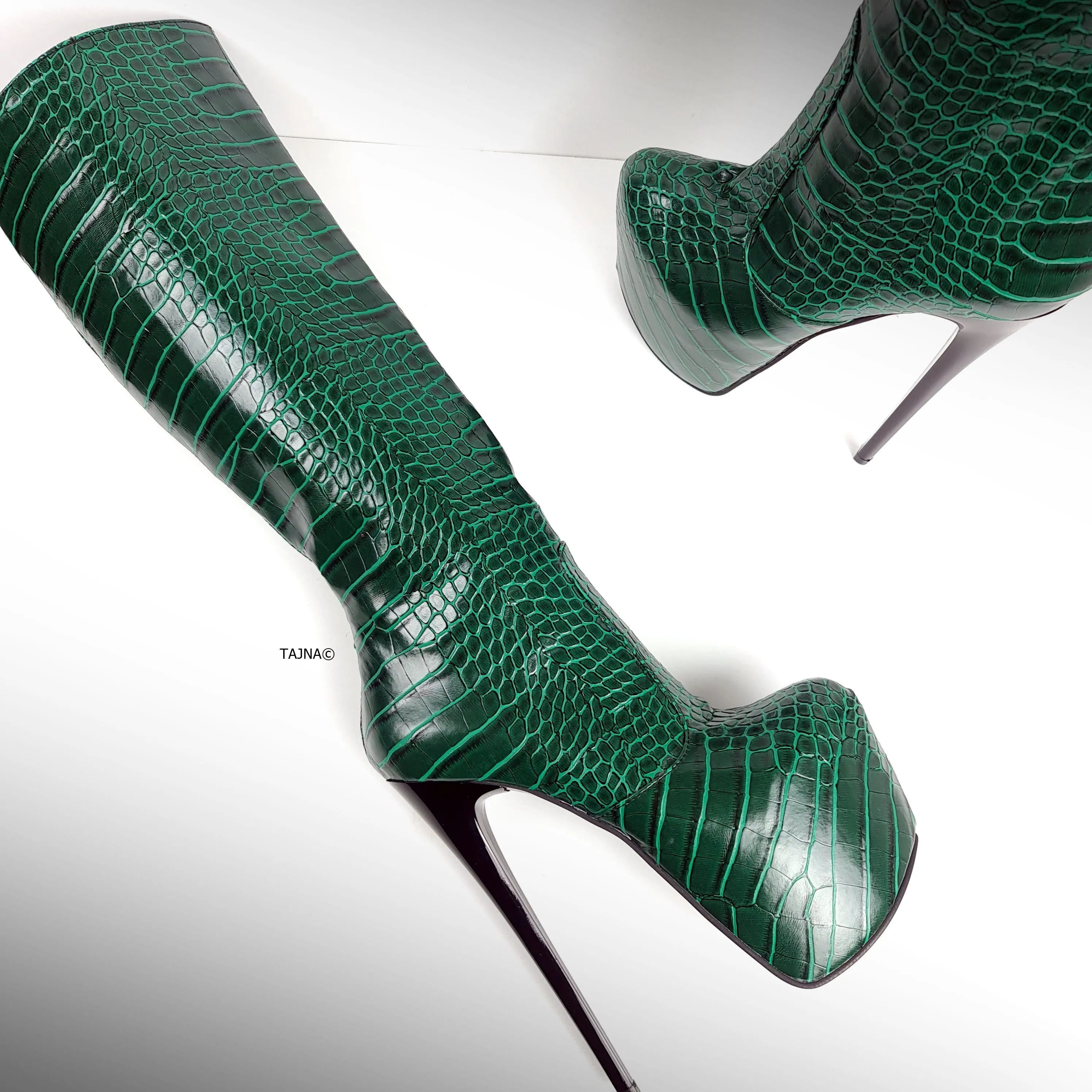 Green Croco Mid Calf High Heel Boots