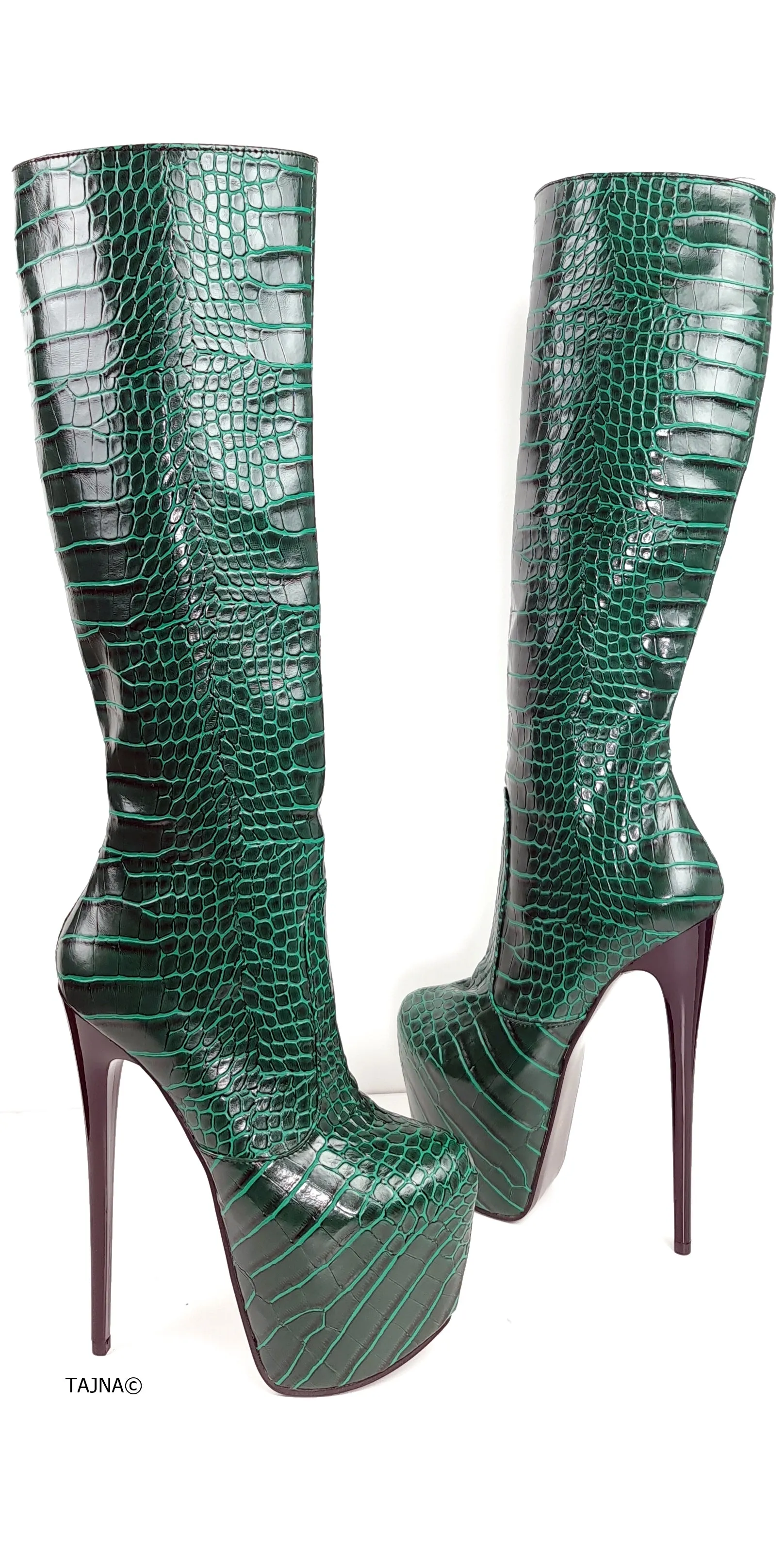 Green Croco Mid Calf High Heel Boots