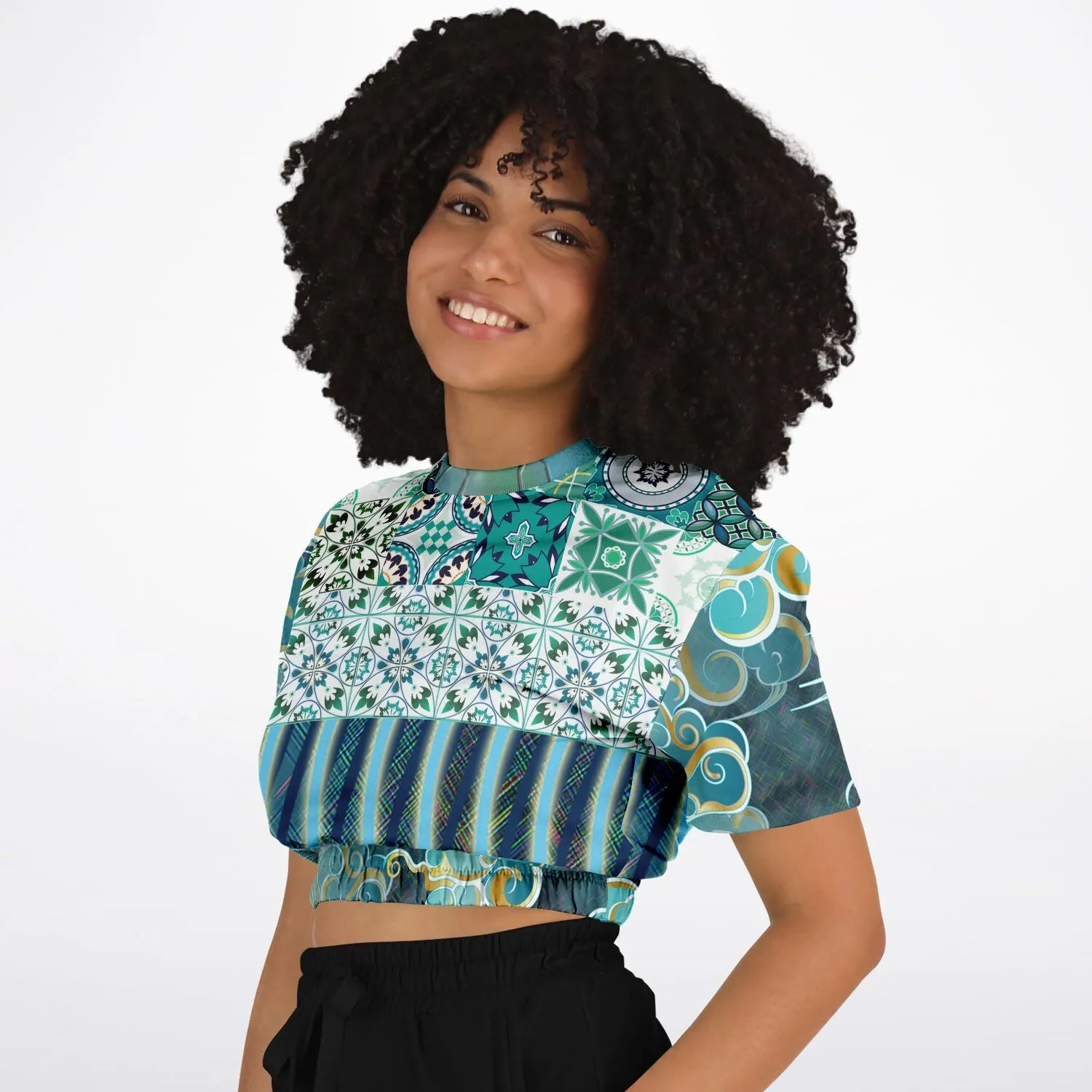 Green Meknes Short Sleeve Cropped Eco-Poly Sweater