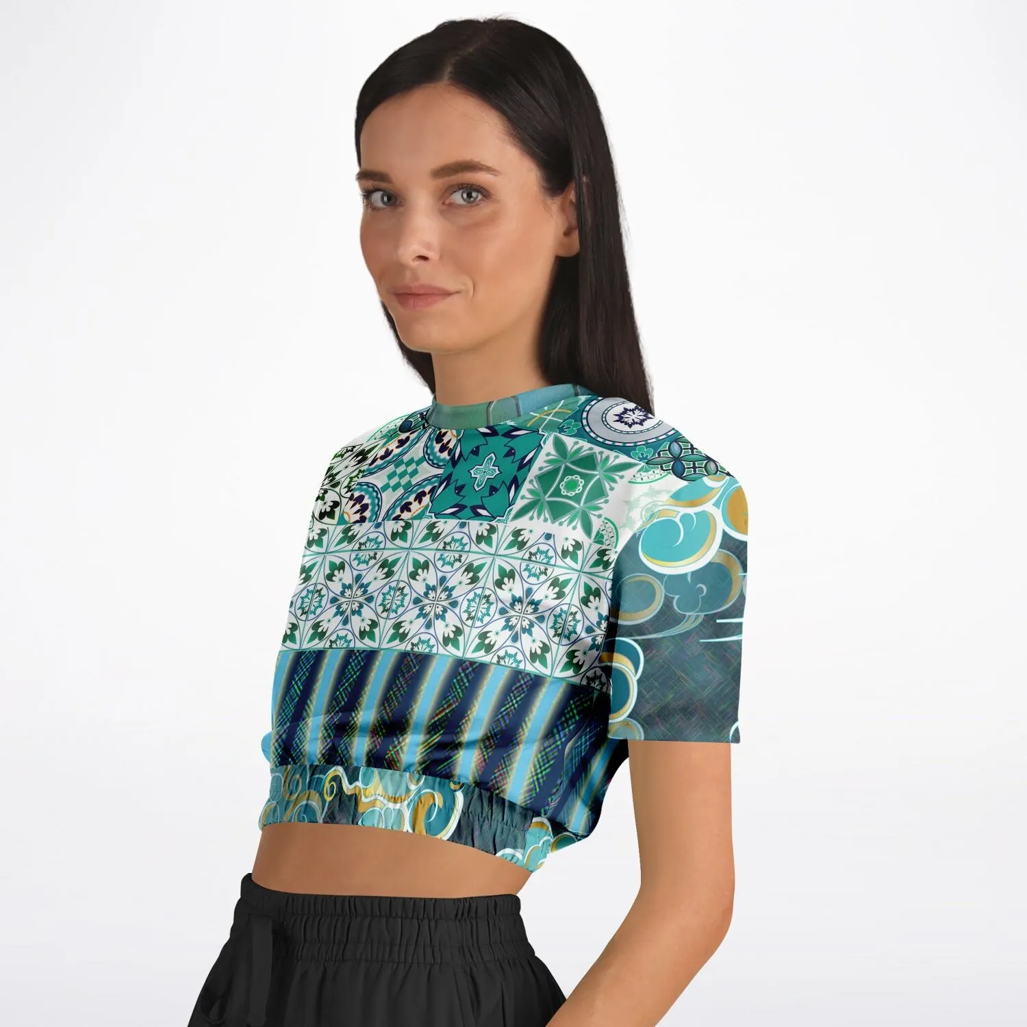 Green Meknes Short Sleeve Cropped Eco-Poly Sweater