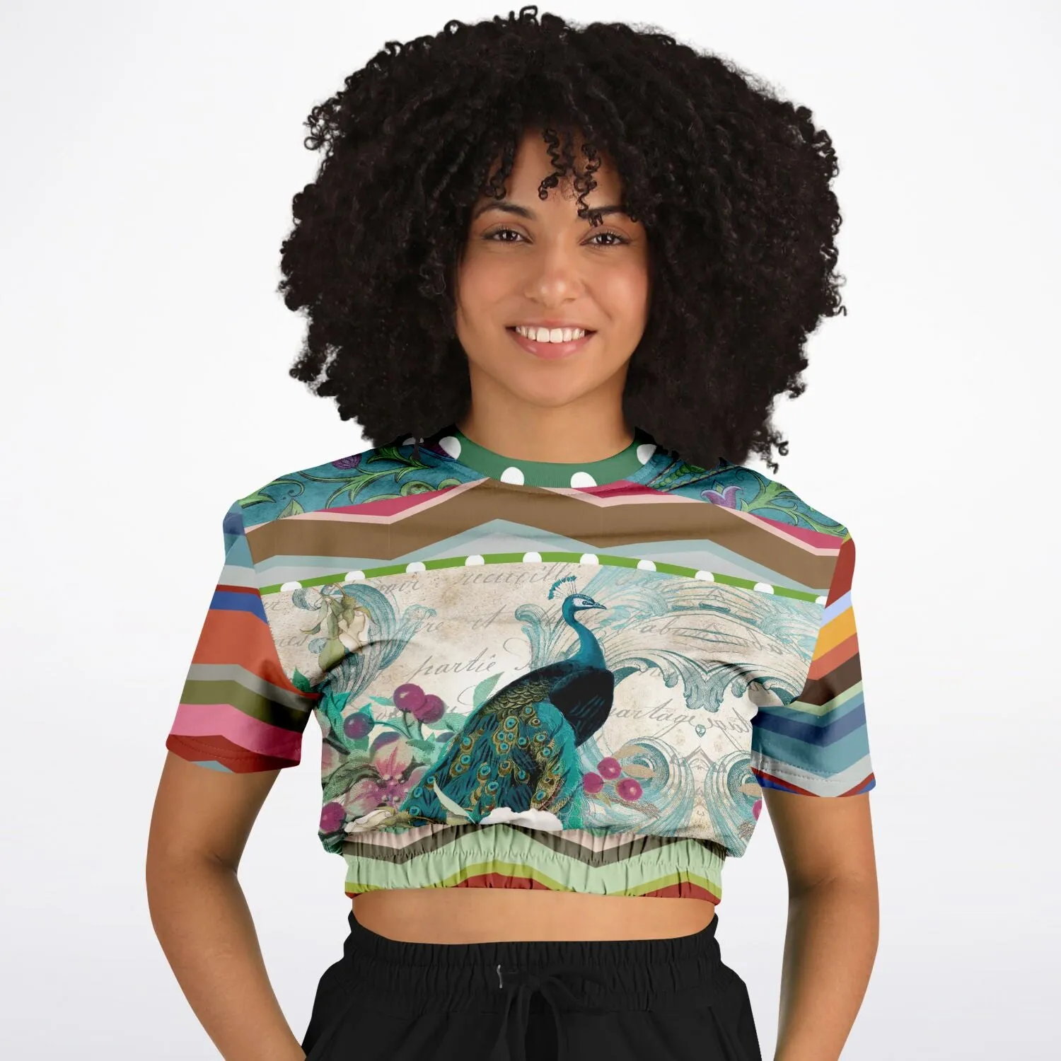 Green Peacock Short Sleeve Cropped Eco-Poly Sweater