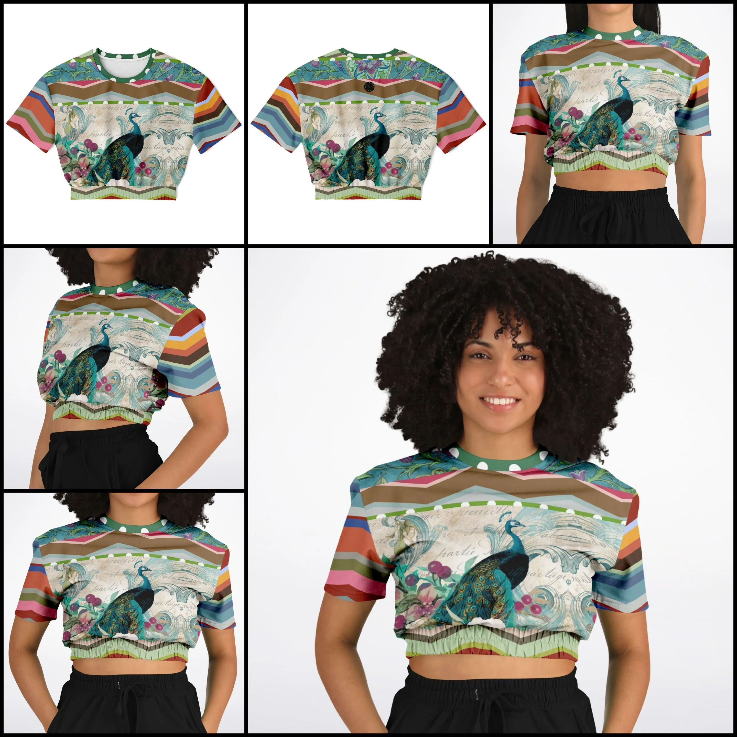 Green Peacock Short Sleeve Cropped Eco-Poly Sweater