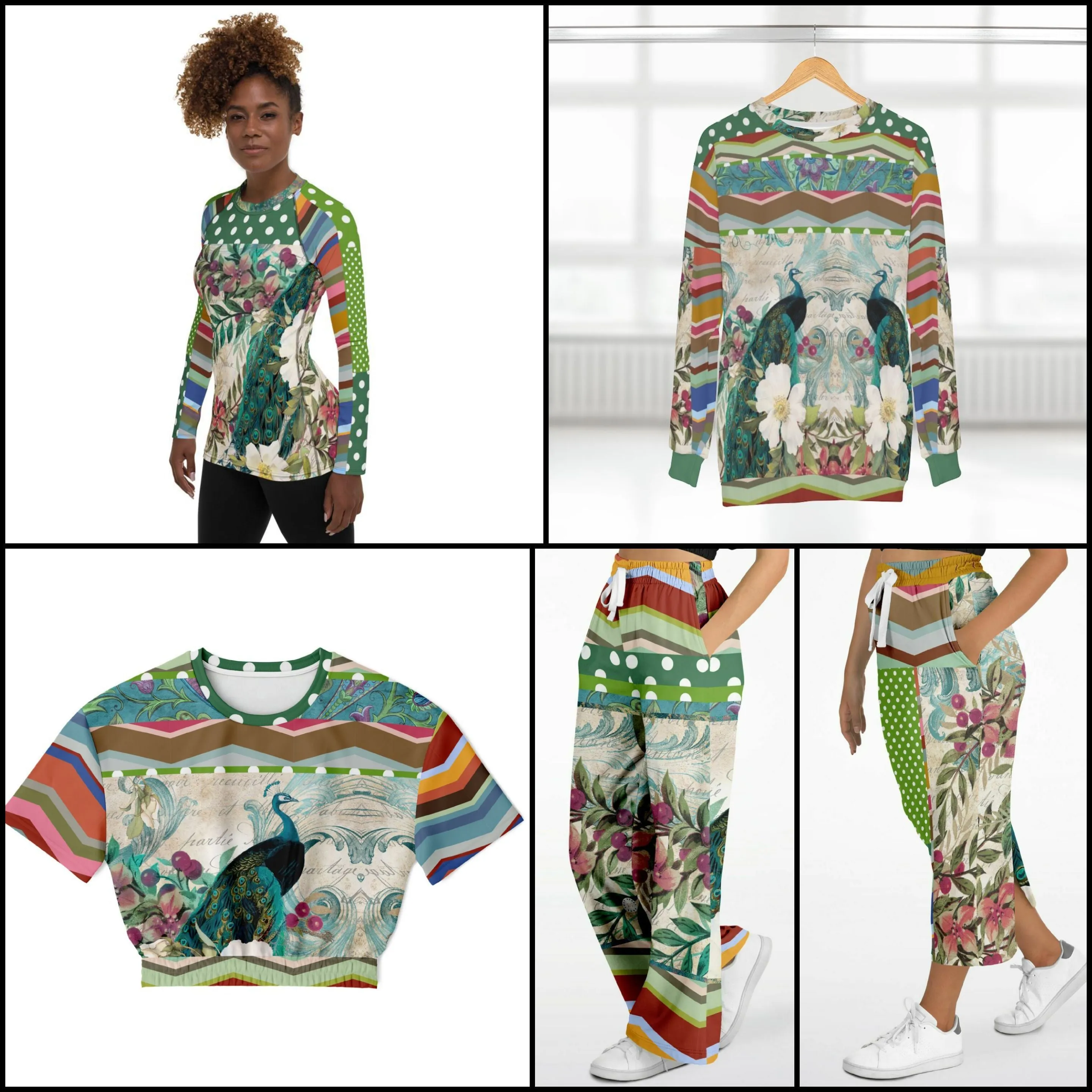 Green Peacock Short Sleeve Cropped Eco-Poly Sweater