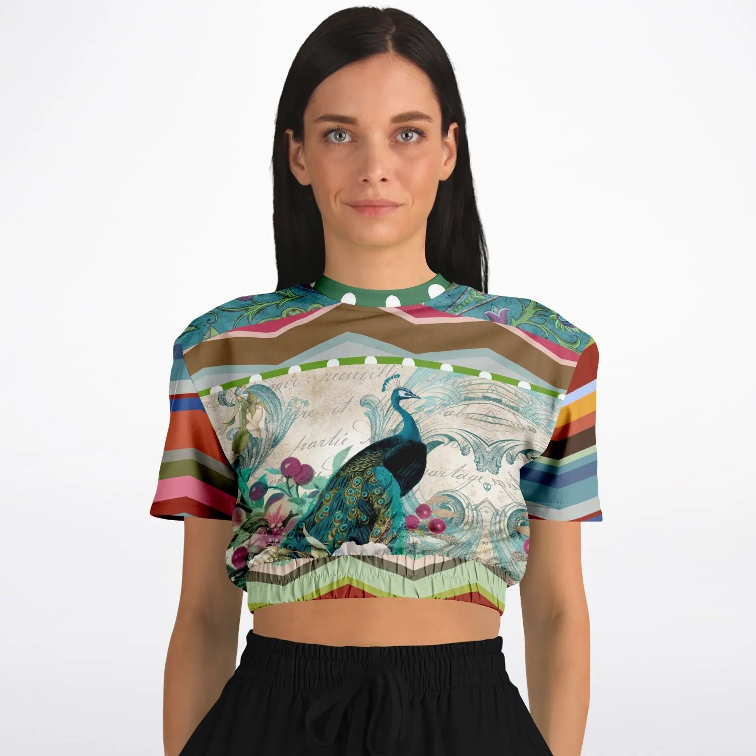 Green Peacock Short Sleeve Cropped Eco-Poly Sweater