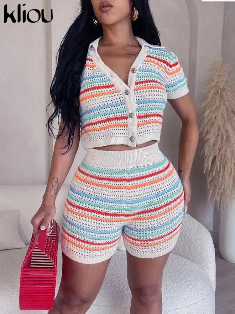 Horizontal Stripe Knitted Two Pieces Set Women Casual Turndown Collar Botton T-shirt + High Waist Short Lady Skinny Suit