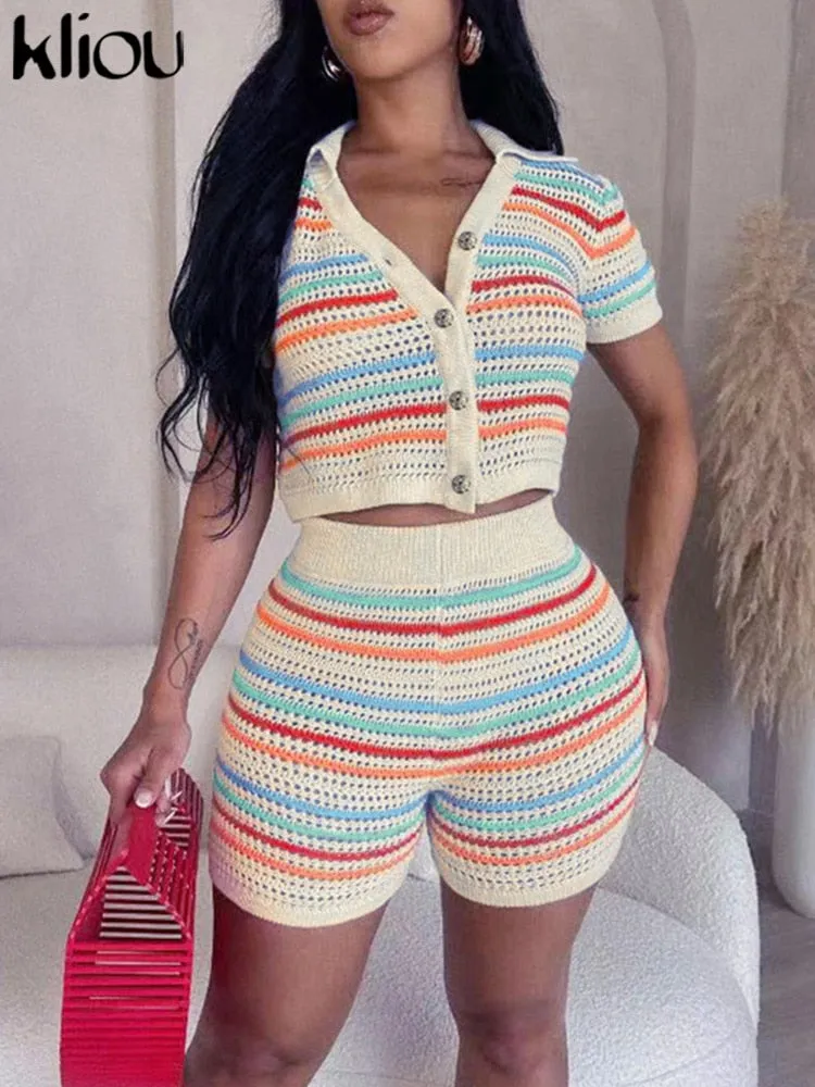 Horizontal Stripe Knitted Two Pieces Set Women Casual Turndown Collar Botton T-shirt + High Waist Short Lady Skinny Suit