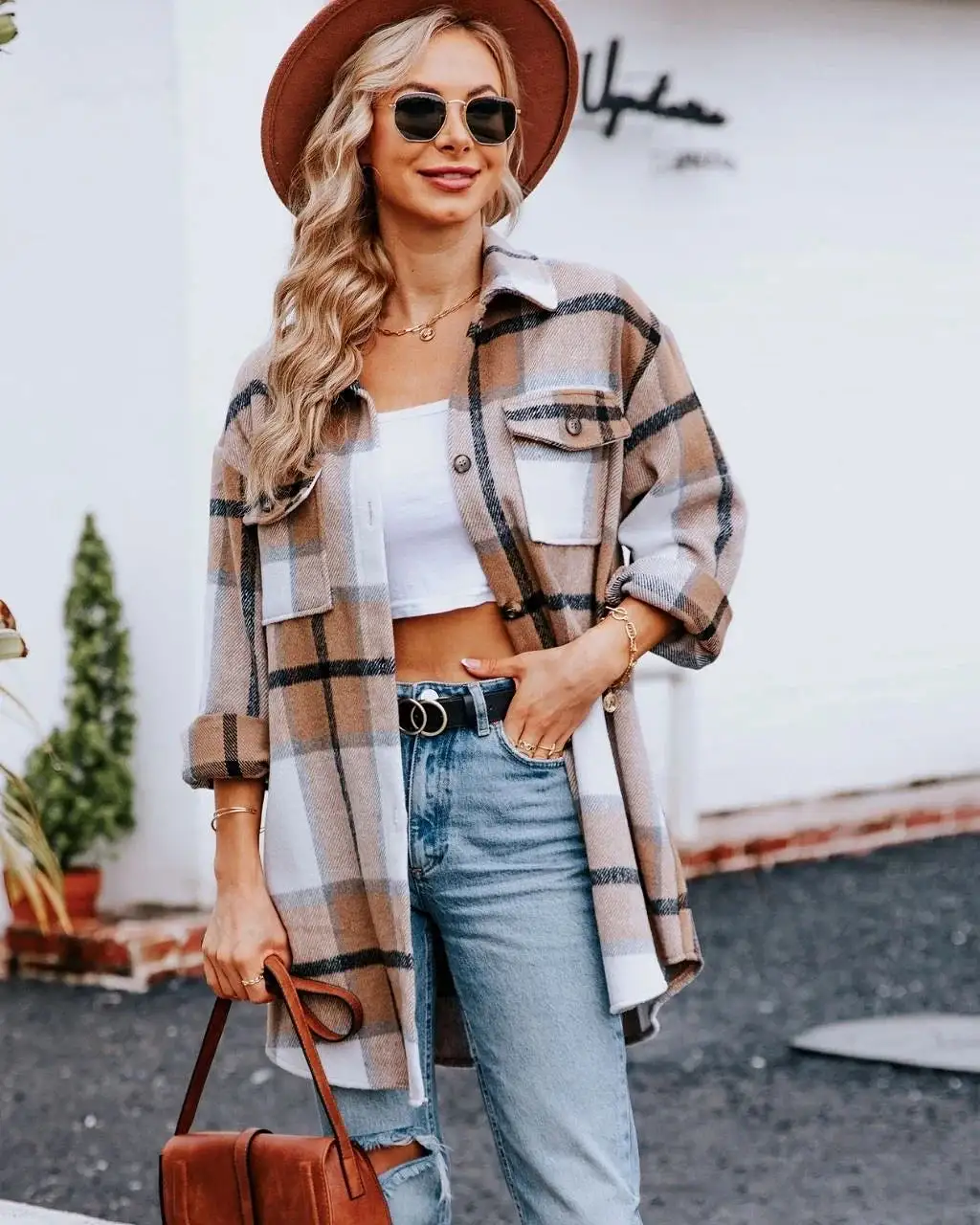 Lucy Beige & Black Plaid Tartan Shacket