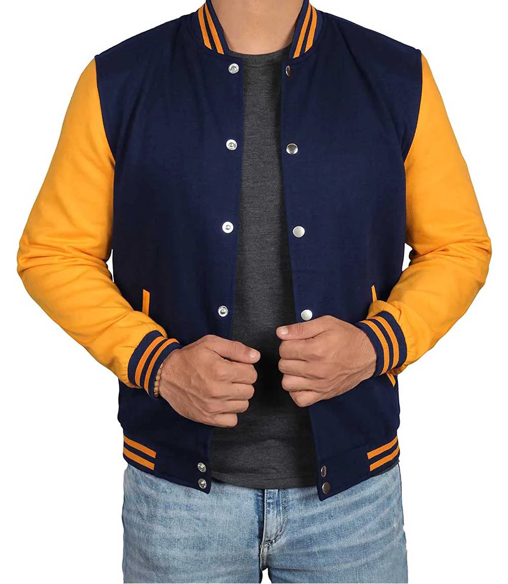 Men's Navy Blue and Yellow Varsity Jacket | Baseball Letterman