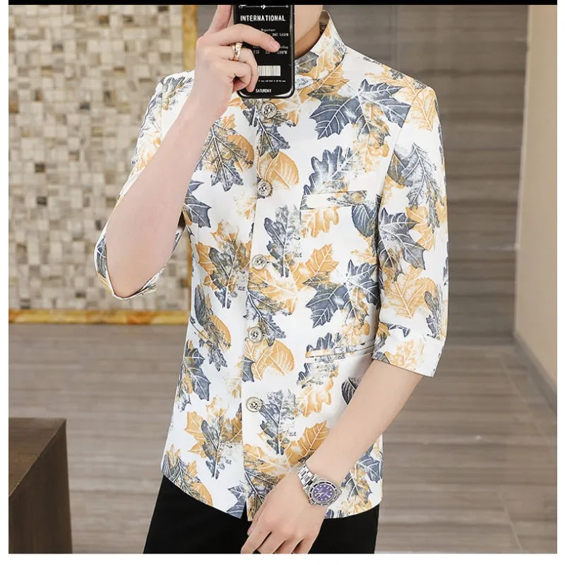 Men's Summer Slim Stand-up Collar Medium-sleeve Printed Blazer