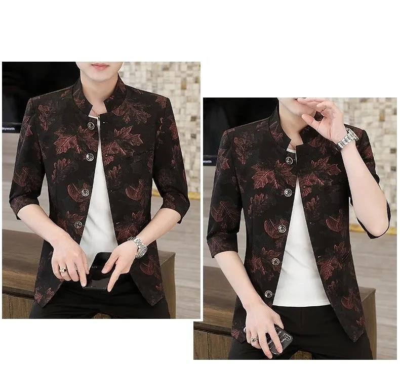 Men's Summer Slim Stand-up Collar Medium-sleeve Printed Blazer