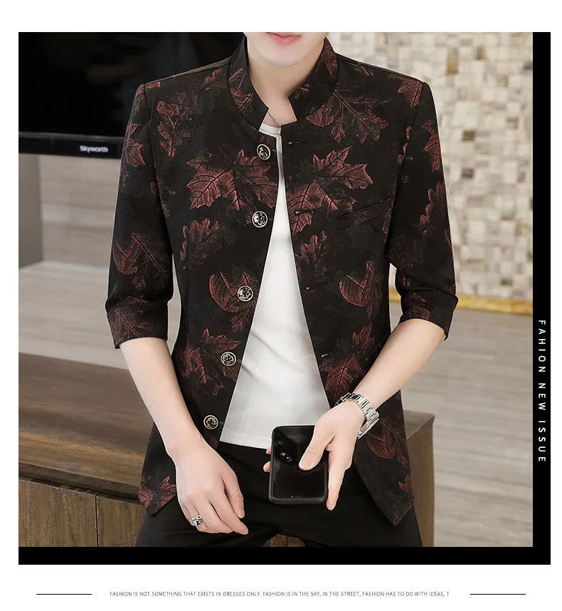 Men's Summer Slim Stand-up Collar Medium-sleeve Printed Blazer