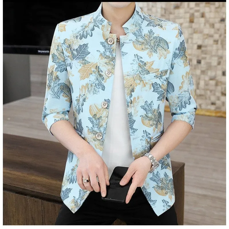 Men's Summer Slim Stand-up Collar Medium-sleeve Printed Blazer