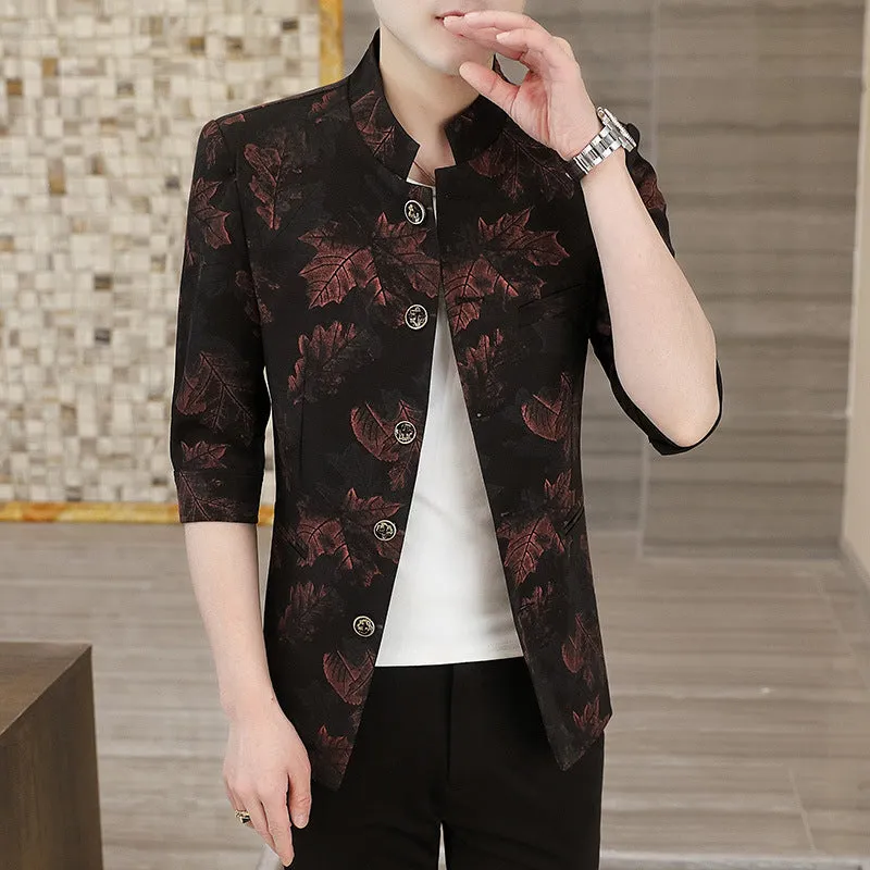 Men's Summer Slim Stand-up Collar Medium-sleeve Printed Blazer