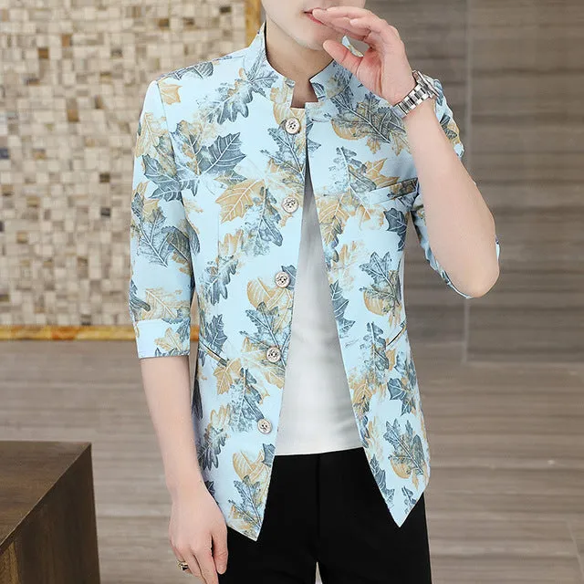 Men's Summer Slim Stand-up Collar Medium-sleeve Printed Blazer