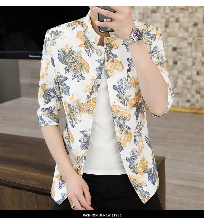 Men's Summer Slim Stand-up Collar Medium-sleeve Printed Blazer