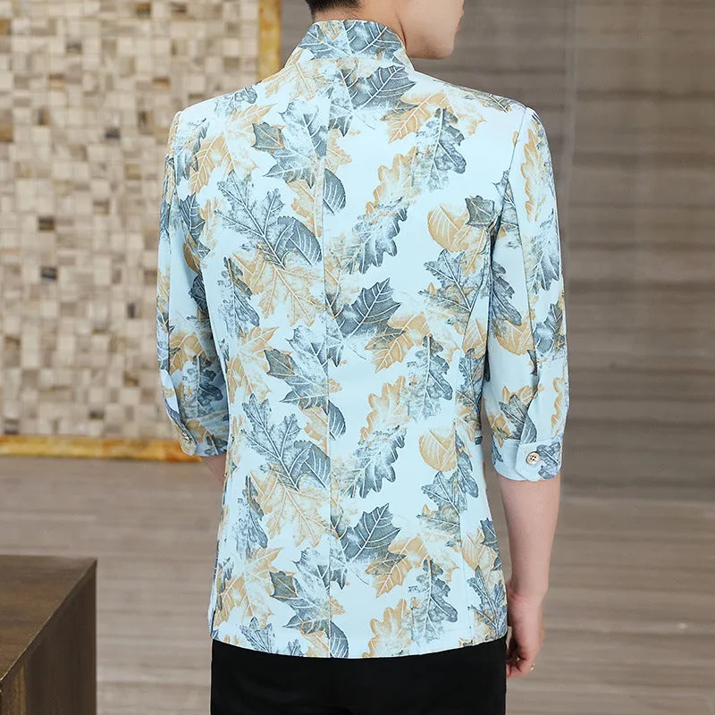 Men's Summer Slim Stand-up Collar Medium-sleeve Printed Blazer